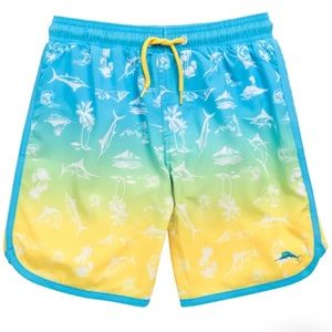 NWT Tommy Bahama Boys Beach Print Swim Trunks Sz 7 Blue and Yellow Logo Printed